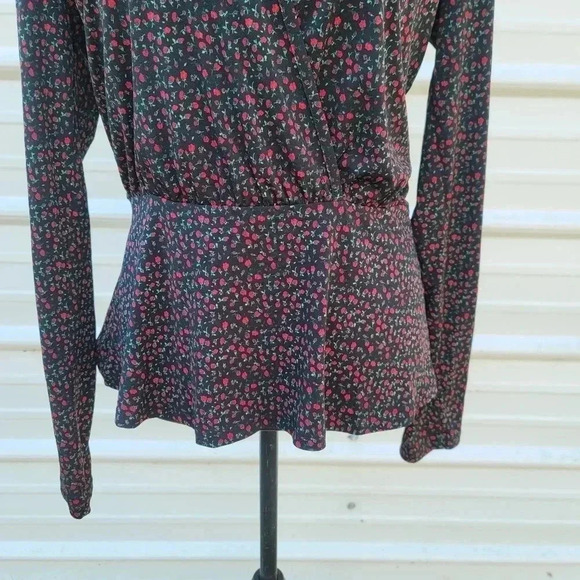 Michael Kors Women Faux Wrap Peplum Elastic Waist Stretch Jersey Top Black Red M - Picture 2 of 9